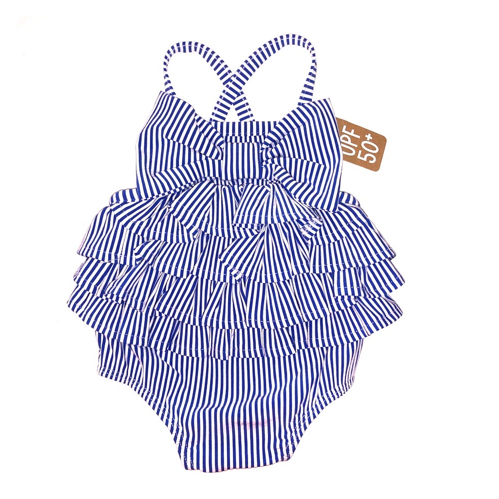French Blue Seersucker bowtie ruffle bathing suit